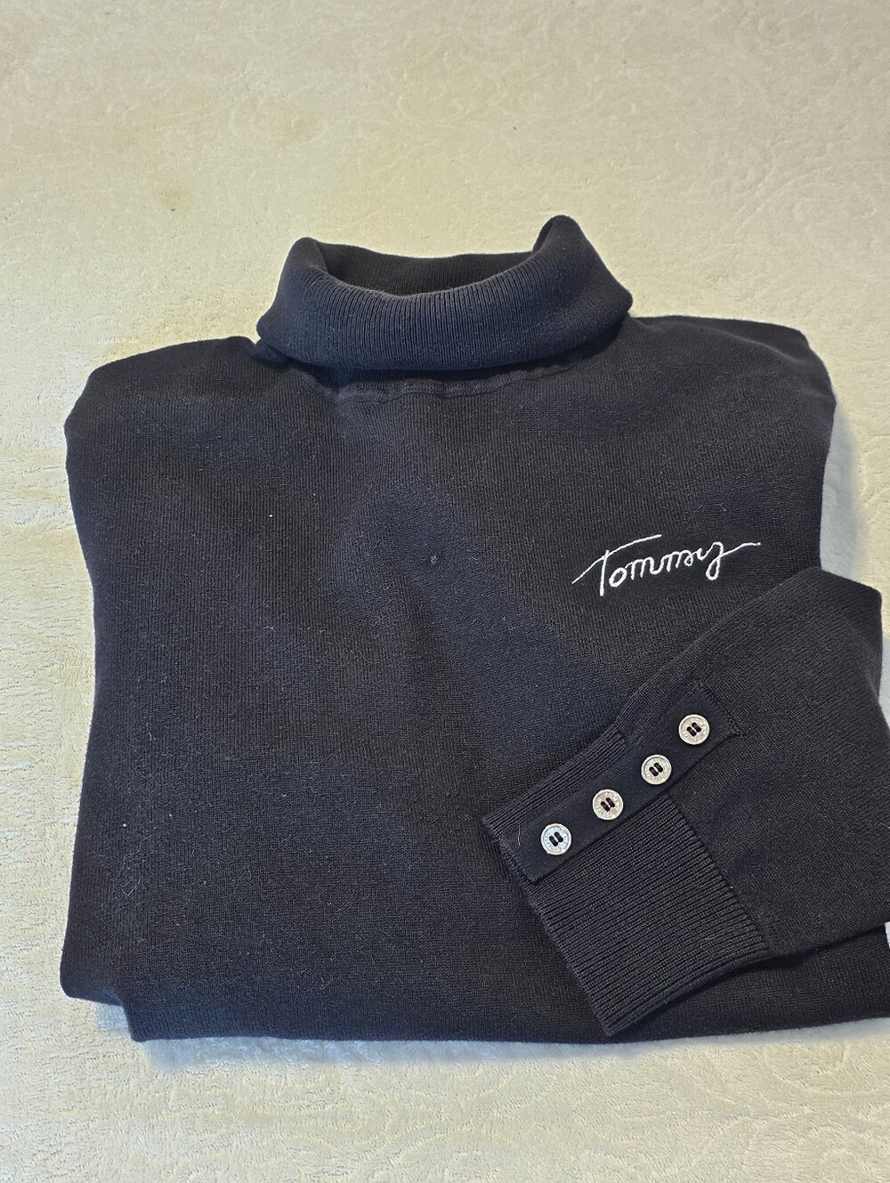 Tommy Hilfiger Button Cuff Turtleneck Sweater Med Black Script Logo Pullover